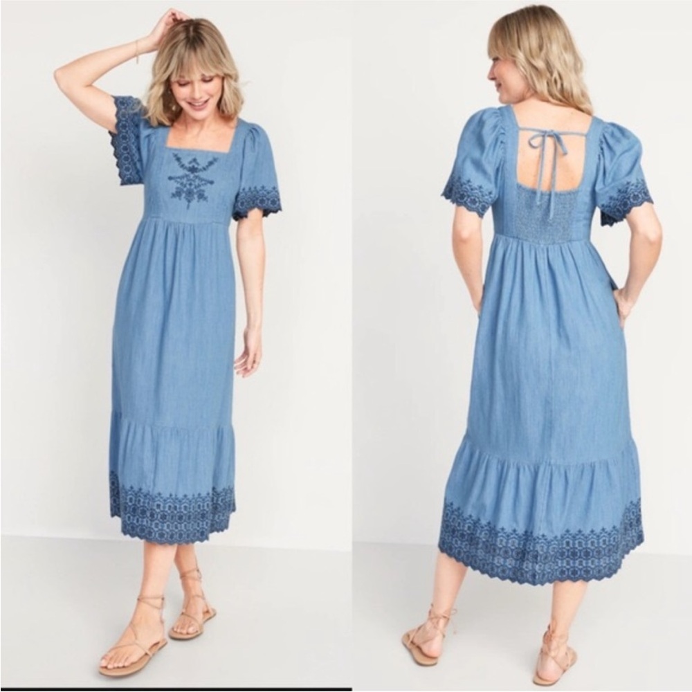 Old Navy Midi Dress L Flutter Sleeve Eyelet Chambray Peasant Cottagecore Flowy - Picture 1 of 9